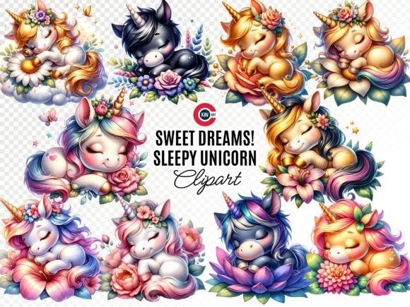 Download Cute Unicorn Sleeping on Flower Cliparts - Unicorn Collection