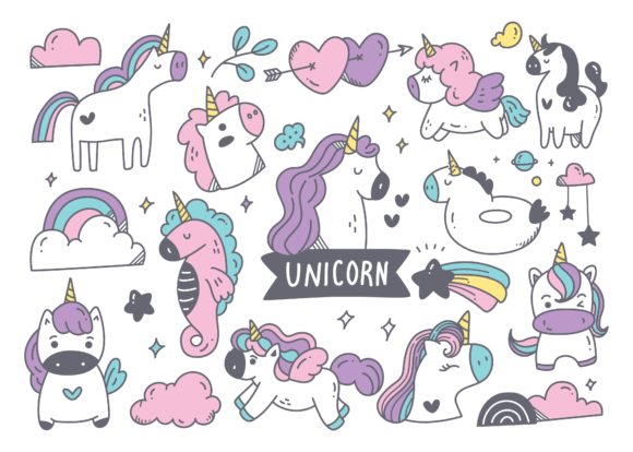 Download Set of Cartoon Unicorn Doodle - Unicorn Collection